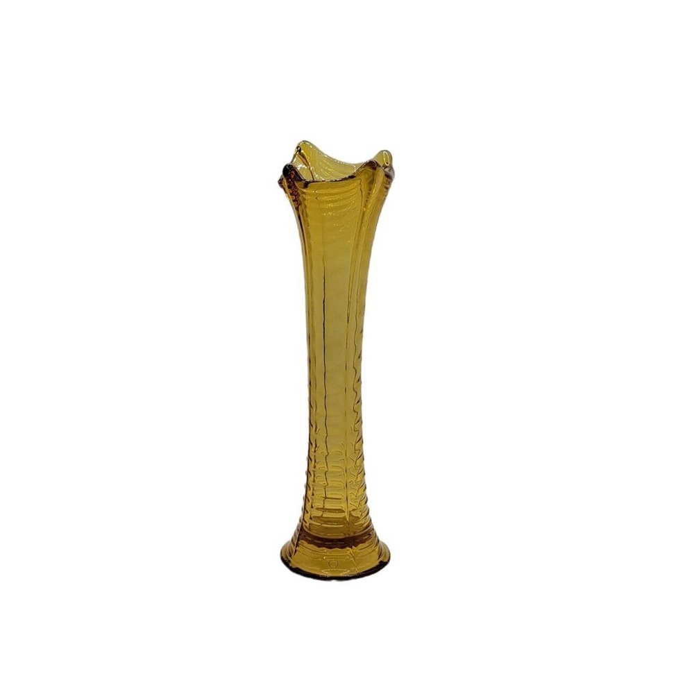Vintage Stretch Swung Ripple Edge Ribbed Amber Glass 10.5" Vase